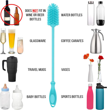Kitchiny Silicone Bottle Brush with 2 Straw Cleaners - 12.5” Water Bottle Cleaner Brush for Yeti, Hydro Flask, Owala, Stanley, Baby Bottles, Glassware, Vases & Narrow Neck Containers - Grey