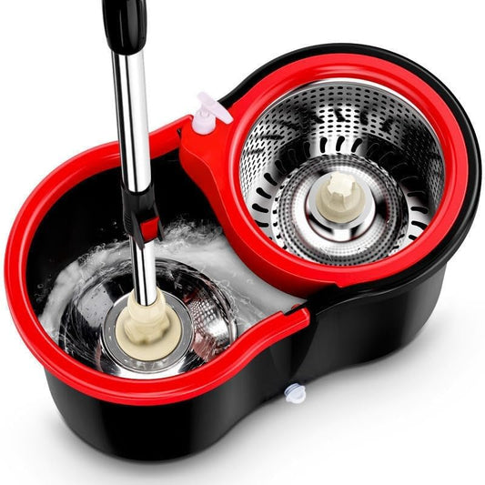 360° Spin Mop and Bucket System with Wringer - 61" Stainless Steel Handle & 3 Microfiber Refills, Self-Cleaning Floor Mop for Tile, Hardwood, Laminate Floors (Black red)