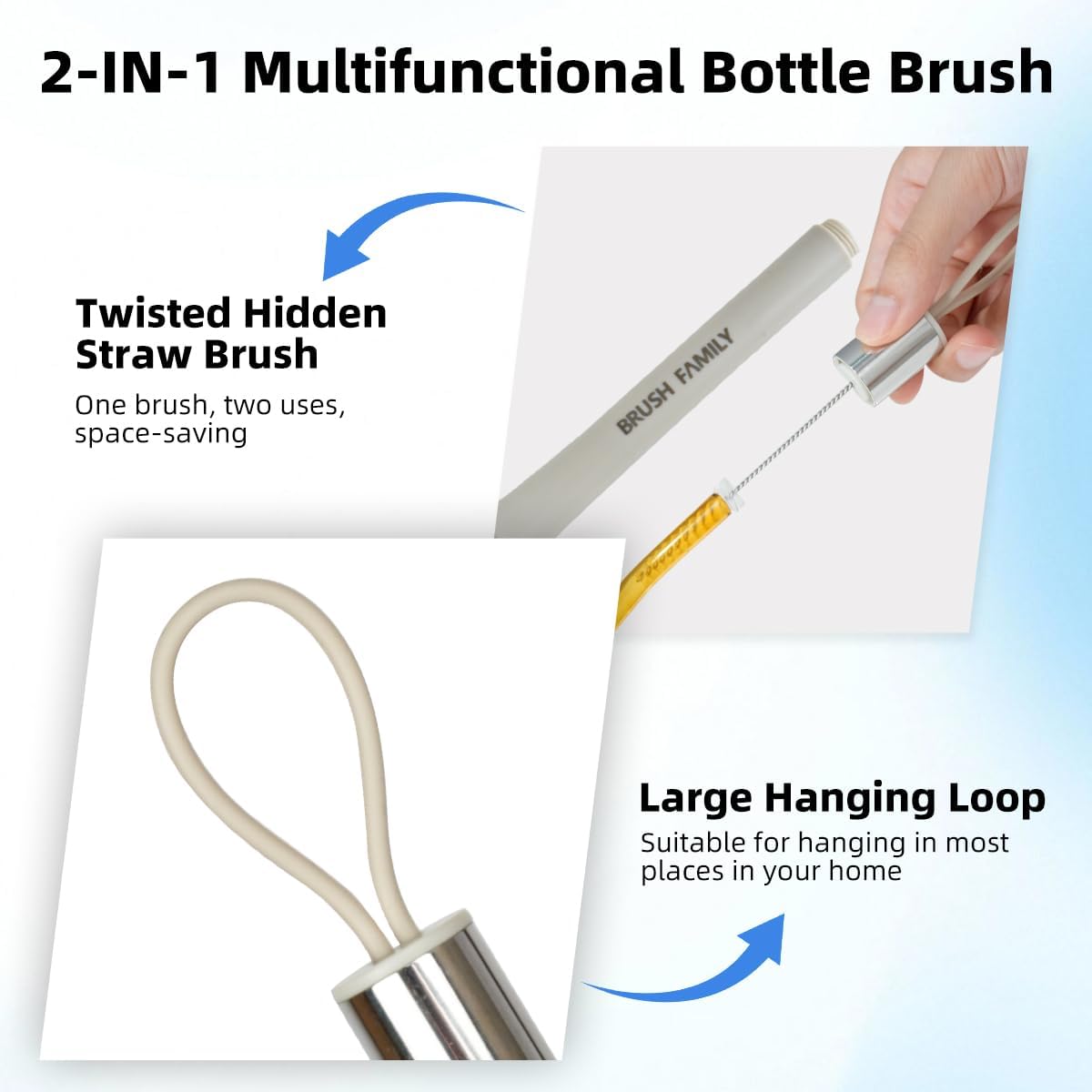 2 Pack Kitchen Scrub Brush, 2 in 1 Water Bottle Brush with Removable Straw Cleaner Dish Scrub Brush with Scraper Tip for Dishes, Pans, Bottle, Cups, Pot, Sink