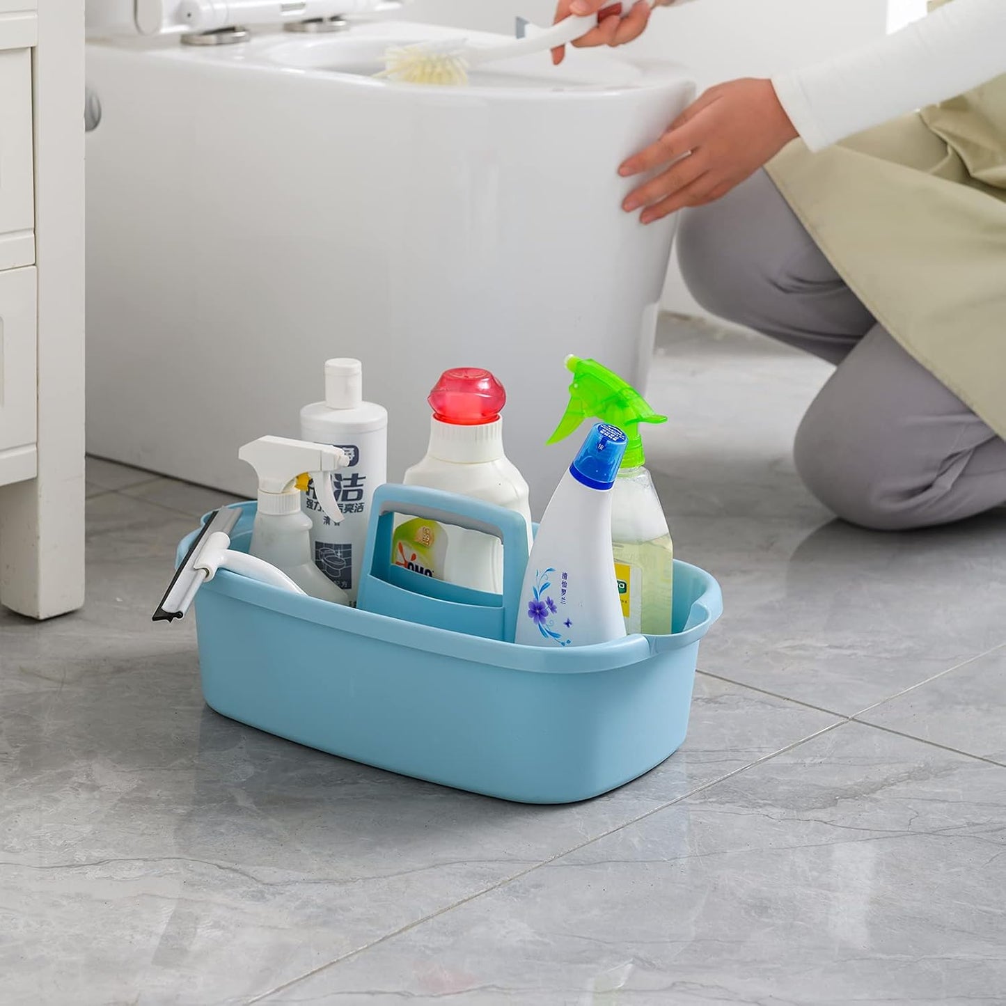 Cleaning Supplies Caddy, Household Tools Organizer with Handle, Large Plastic Bucket, Portable Shower Basket Tote, Gray