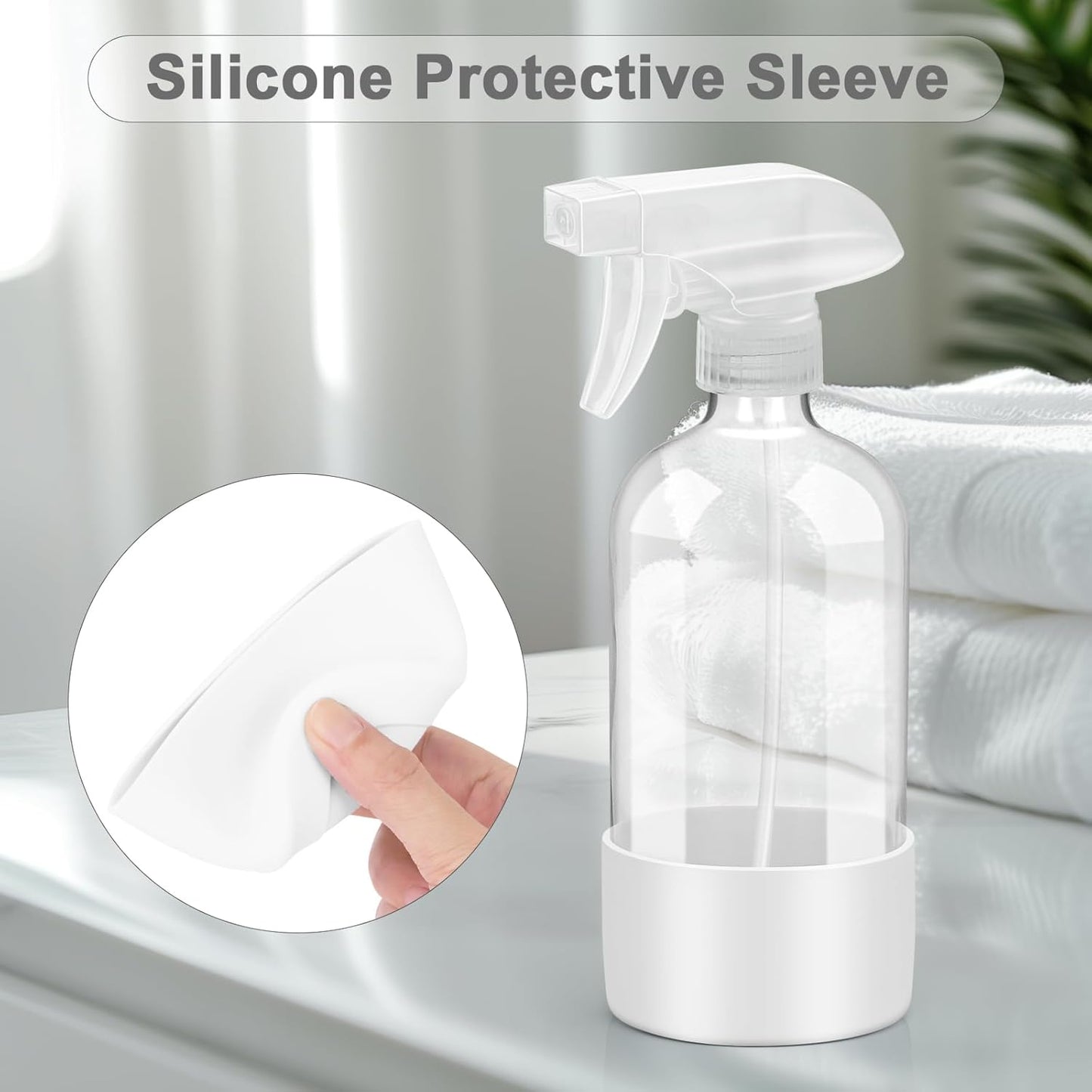 Worldgsb 2 Pack Glass Spray Bottles with Silicone Sleeve, 16 oz Empty Refillable Containers with Adjustable Spray Nozzles, Spray Bottles for Hair, Cleaning Solutions and Plants Blue&Grey
