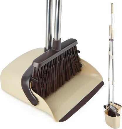 Broom and Dustpan Combo Set, Long Handle and Standing Dust Pan with Comb Teeth, Efficient Floor Cleaning for Kitchen, Outdoor, Dorm, Apartment, Office Lobby (Pink Gray)