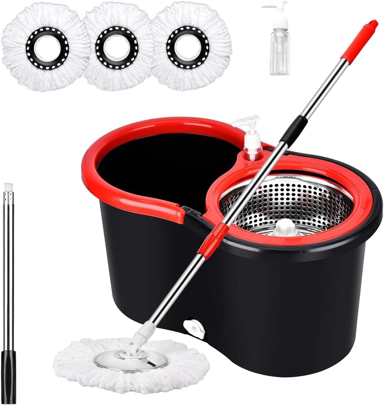 Spin Mop and Bucket with Wringer Set,for Floor Cleaning,with Floor Scrub Brush,61" Adjustable Handle and 6 Microfiber Mop Head(White)