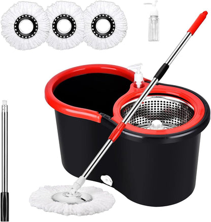 Spin Mop and Bucket with Wringer Set,for Floor Cleaning,with Floor Scrub Brush,61" Adjustable Handle and 6 Microfiber Mop Head(White)