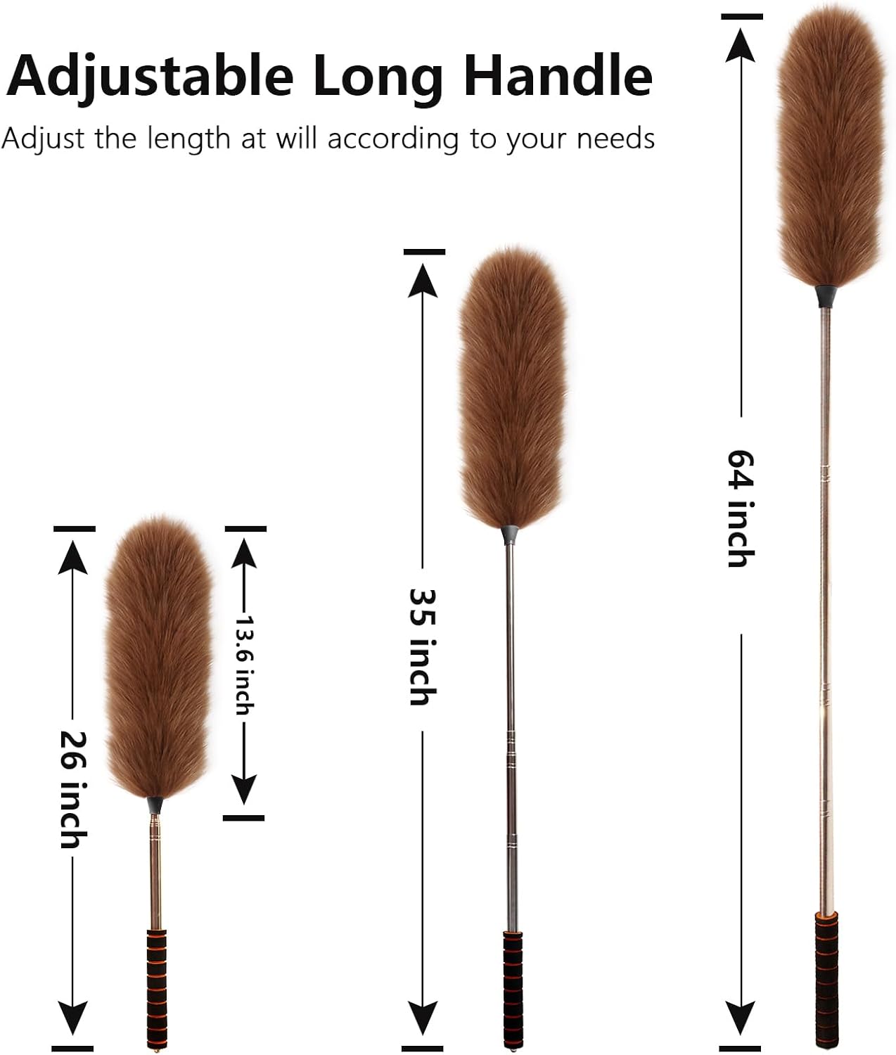 Extendable Lambswool Duster Stainless Steel Handle 133" Removable Feather Duster for Cleaning Ceiling Fans Interior Roof Furniture, Brown