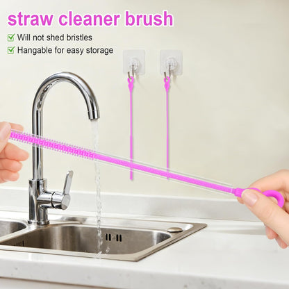 Silicone Straw Cleaner Brush, 4-Piece Reusable Straw Brush Set with Extra-Long Design for Cleaning Thin Metal Straws and Wider Milkshake Straws （6mm+9mm Pink)
