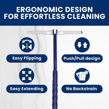 Extendable Shower Squeegee with 180-Degree Rotating Blade for Push/Pull Use – Ergonomic Cleaning Tool for Showers, Glass Doors, and Windows – 16'' to 28'' Handle for Strain-Free Cleaning
