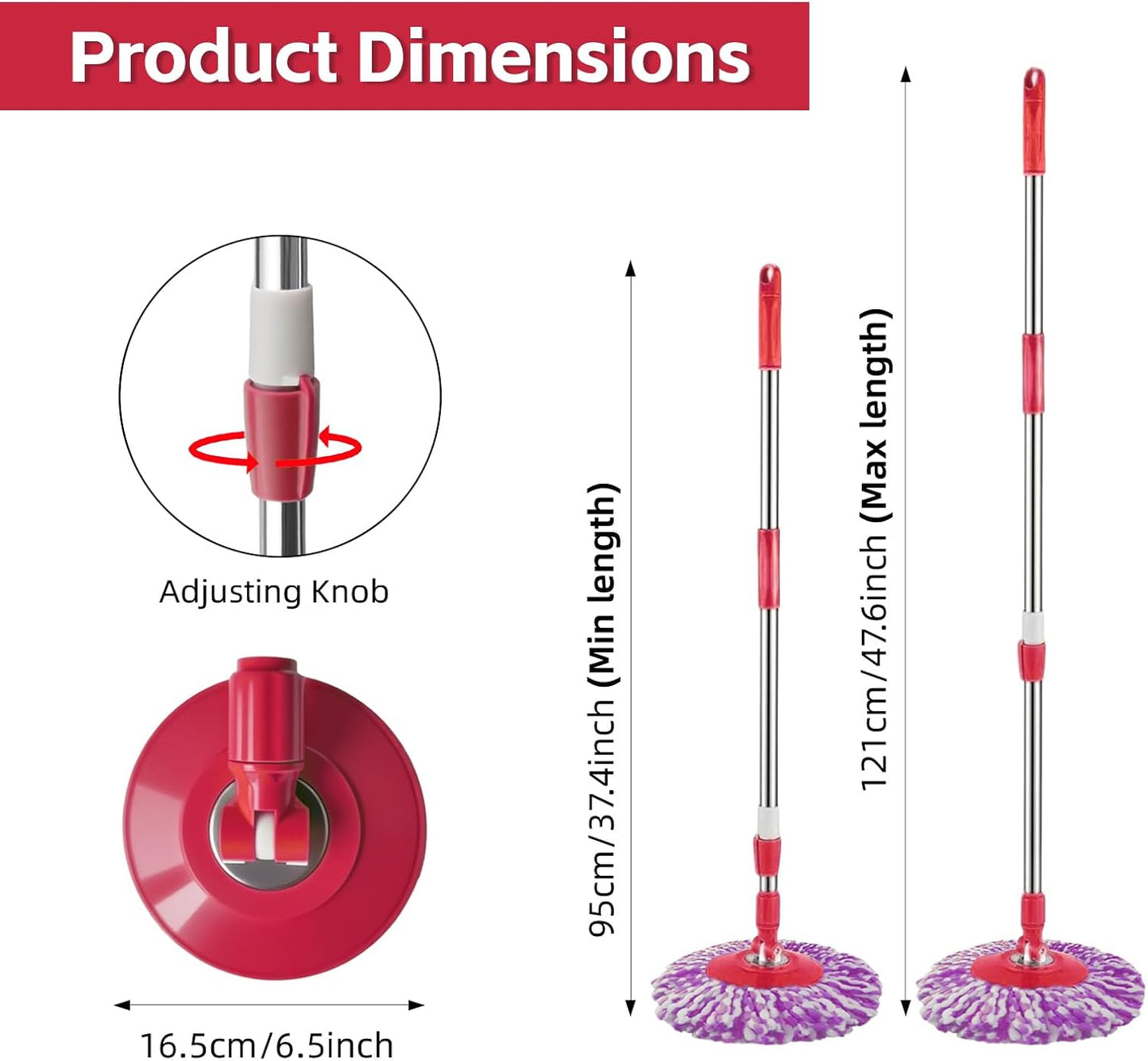 Spin Mop Replacement Handle, 47.6-inch 360 Degrees Rotating Telescopic Replacement Mop Stick with a Robust Stainless Steel Disc for Spin Mop Bucket Cleaning System (Stainless Steel Disc,Purple)