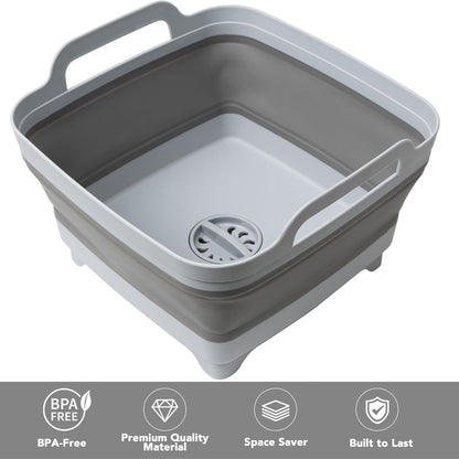 2 Pack Dishpan for Washing Dishes, 2.4Gal/9L Wash Basin with Draining Plug Carry Handles, Collapsible Bucket for Cleaning, Portable Sink, Foldable Plastic Tub