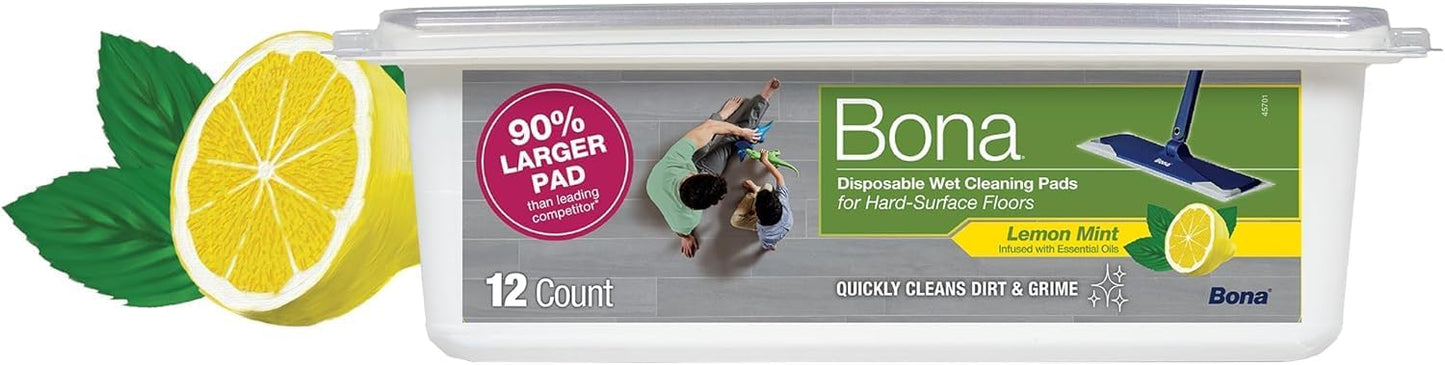 Bona Multi-Surface Floor Disposable Wet Cleaning Pads - 12-Pack - Residue-Free Floor Cleaning Solution for Stone, Tile, Laminate, and Vinyl Floors