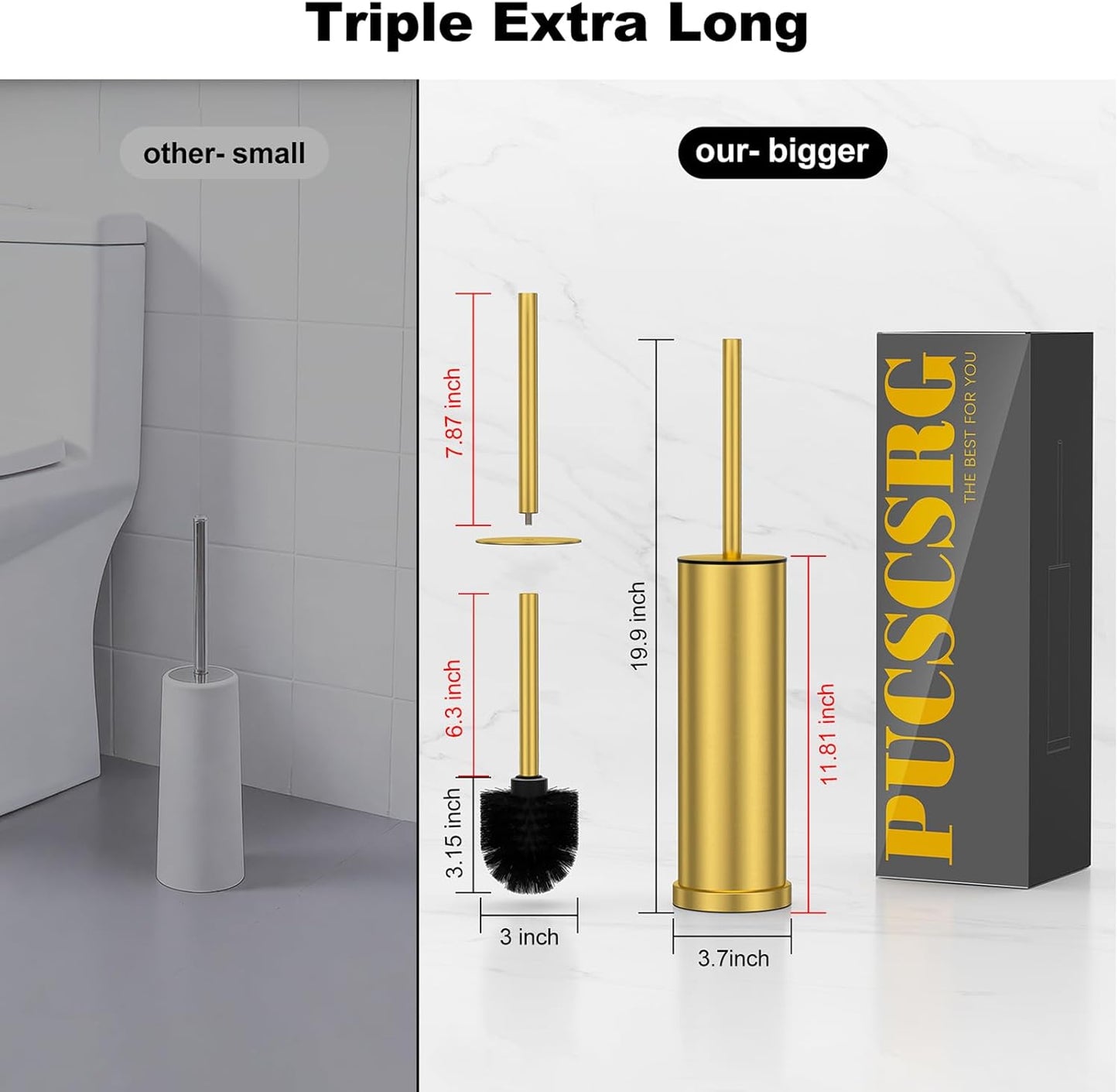 Bronze Toilet Brush and Holder Set，Stainless Steel Heavy Duty Toilet Bowl Brush，Extra Long Handled Modern Toilet Cleaner Brush, Removable Inner Bowl, and Splash Protection