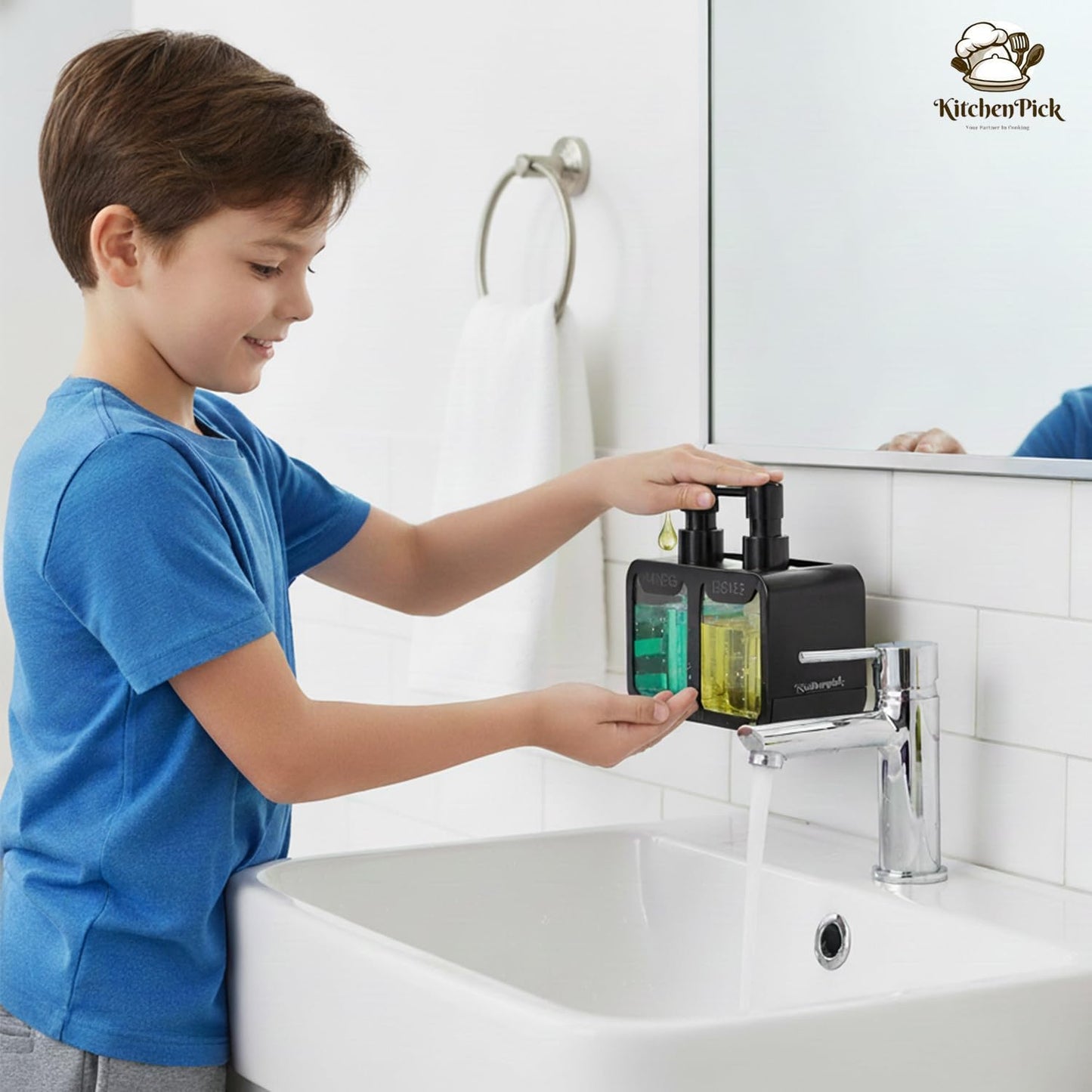 2-in-1 Kitchen Sink Liquid Dish Soap Dispenser Set for Hands and Dishes, Matte Black Dual Refillable Pump Bottle, with Sponge Caddy & Brush Holder, Countertop Organizer Gadget