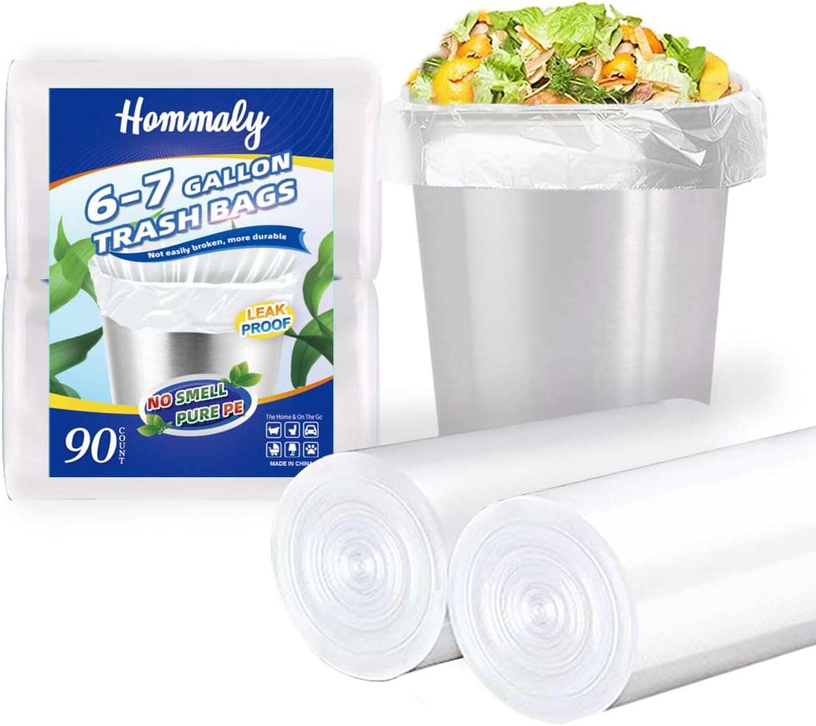 Hommaly 2 Gallon (1.8-2 Gal)120 pcs Small Clear Trash Bags, Strong 1.8 Gallon Garbage Bags, Bathroom Trash Can Bin Liners Unscented, Mini Plastic Bags for Office, Waste Basket Liner,Fit 6,7,8 Liters