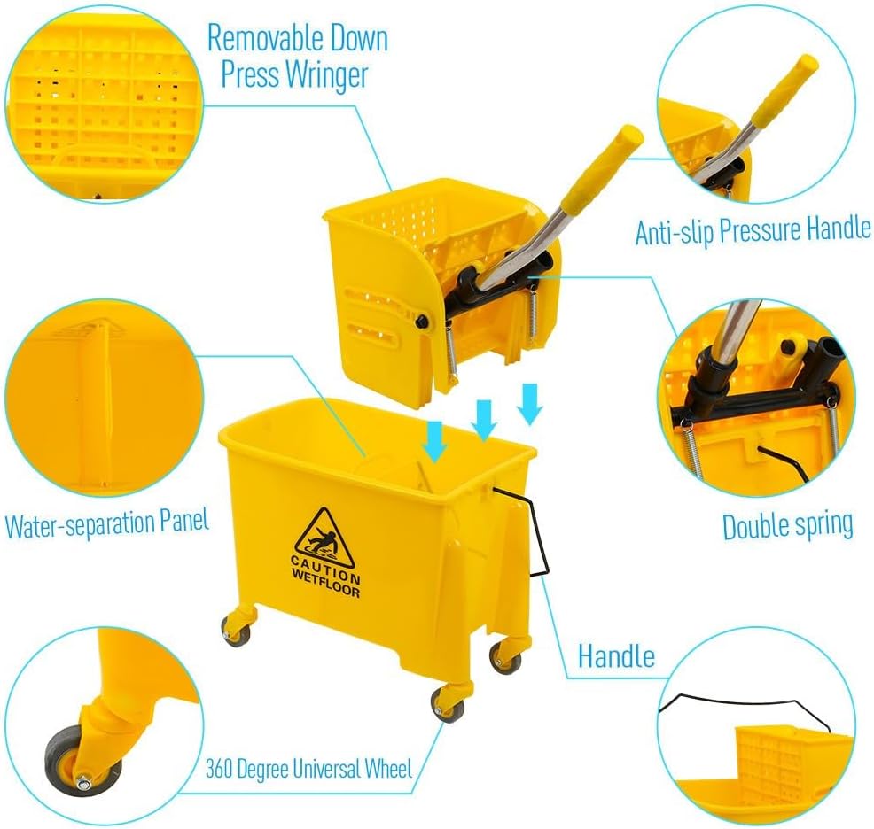 Mop Bucket with Side Press Wringer on Wheels, 20 Quart Side Press Wringer Combo Mop and Bucket with Wringer Set, Commercial Mop Bucket on Wheels for Home Business Cleaning (Yellow)