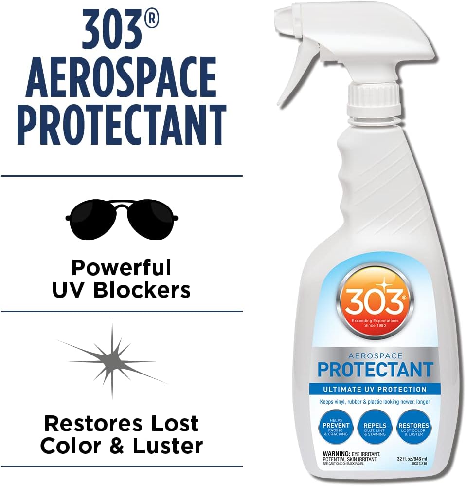 303 Products (30308CSR) UV Protectant Spray for Vinyl, Plastic, Rubber, Fiberglass, Leather & More – Dust and Dirt Repellant - Non-Toxic, Matte Finish, 16 Fl. oz., White
