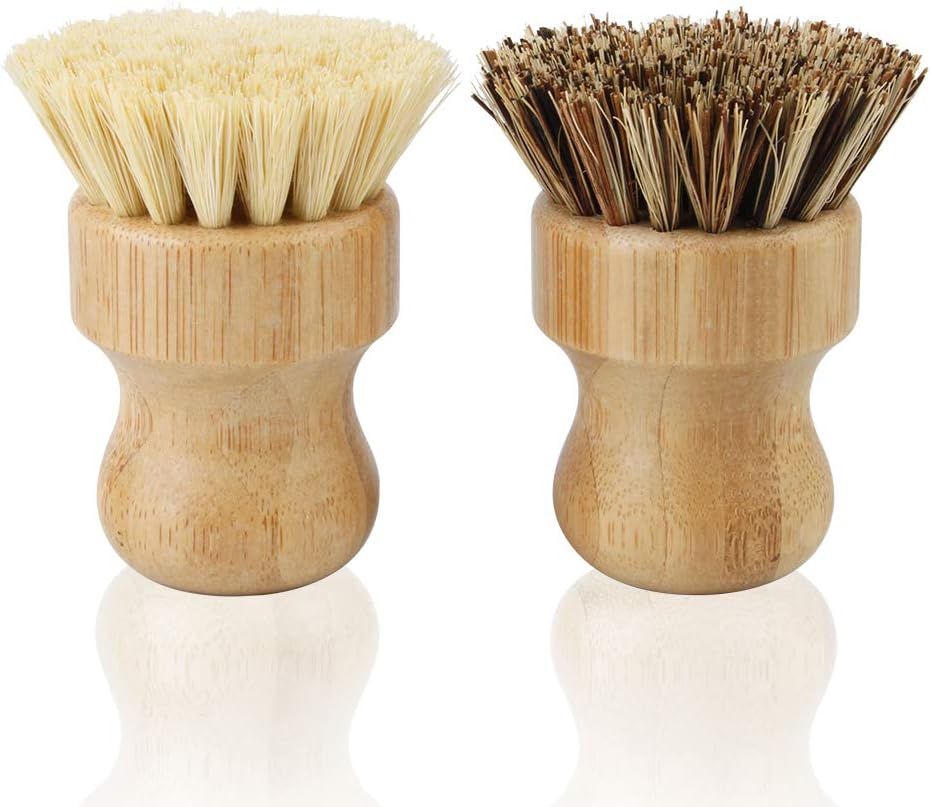 2 Pack Bamboo Dish Scrub Brush, Picowe Natural Scrub Cleaning Brush Vegetable Brush for Dishes Cast Iron Pots Pans, Used in Bathroom Kitchen Sink Household Cleaning