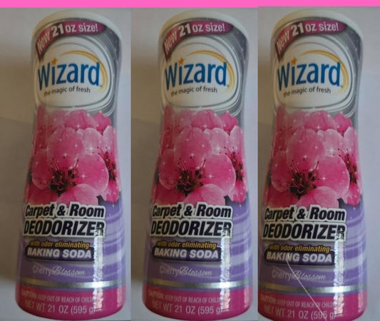 wizard, carpet & room deodorizer with odor eliminating banking soda, cherry blossom scent 21 oz (pack of 3)