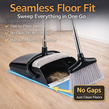 Broom and Dustpan Set with Long Handle, Upright Standing Self-Cleaning Combo, Windproof Dustpan with 6 Bonus Cleaning Tools for Pet Hair, Home, Kitchen, Garage & Apartment