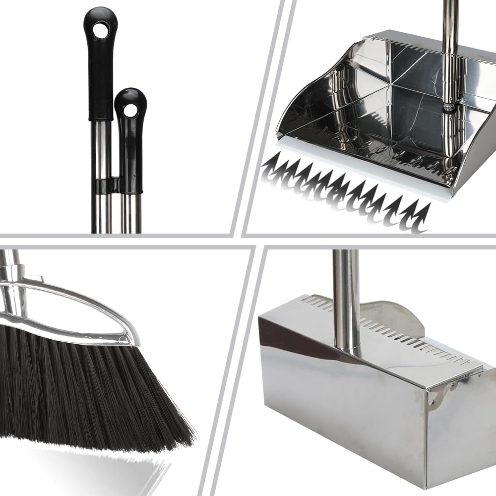 Indoor Broom and Dustpan Comb Set,Heavy Duty Stainless Steel Metal Dust Pan with Long Handle Sweeping Soft Bristles Broom for Floor Home Lobby Office