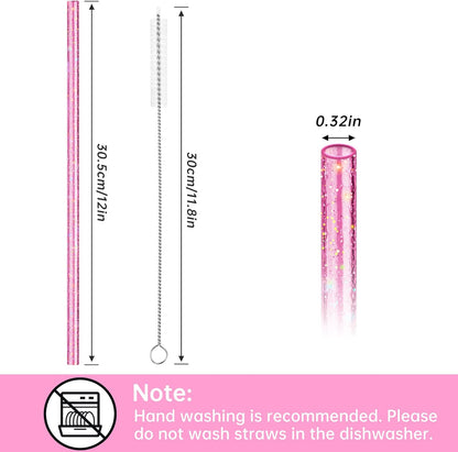 NiHome 12-Pack Glitter Replacement Straws for Stanley Tumbler 40OZ & 2 Cleaning Brushes Set, 12" Length BPA-Free Durable PETG Material for Various Beverages & Cups, Adds Sparkle to Your Drinks (Clear)
