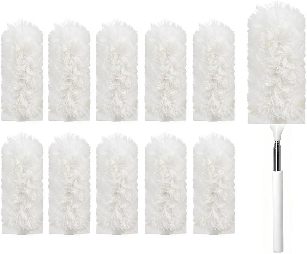 Heavy Duty Duster Refills, Disposable Dusters Kit for Cleaning Dusting Furniture Blind Ceiling Fan, Multi Surface 360 Feather Duster(10)+3FT Extended Handle（1） (Navy Blue)