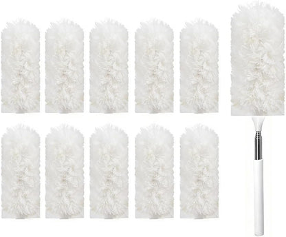 Heavy Duty Duster Refills, Disposable Dusters Kit for Cleaning Dusting Furniture Blind Ceiling Fan, Multi Surface 360 Feather Duster(10)+3FT Extended Handle（1） (Navy Blue)