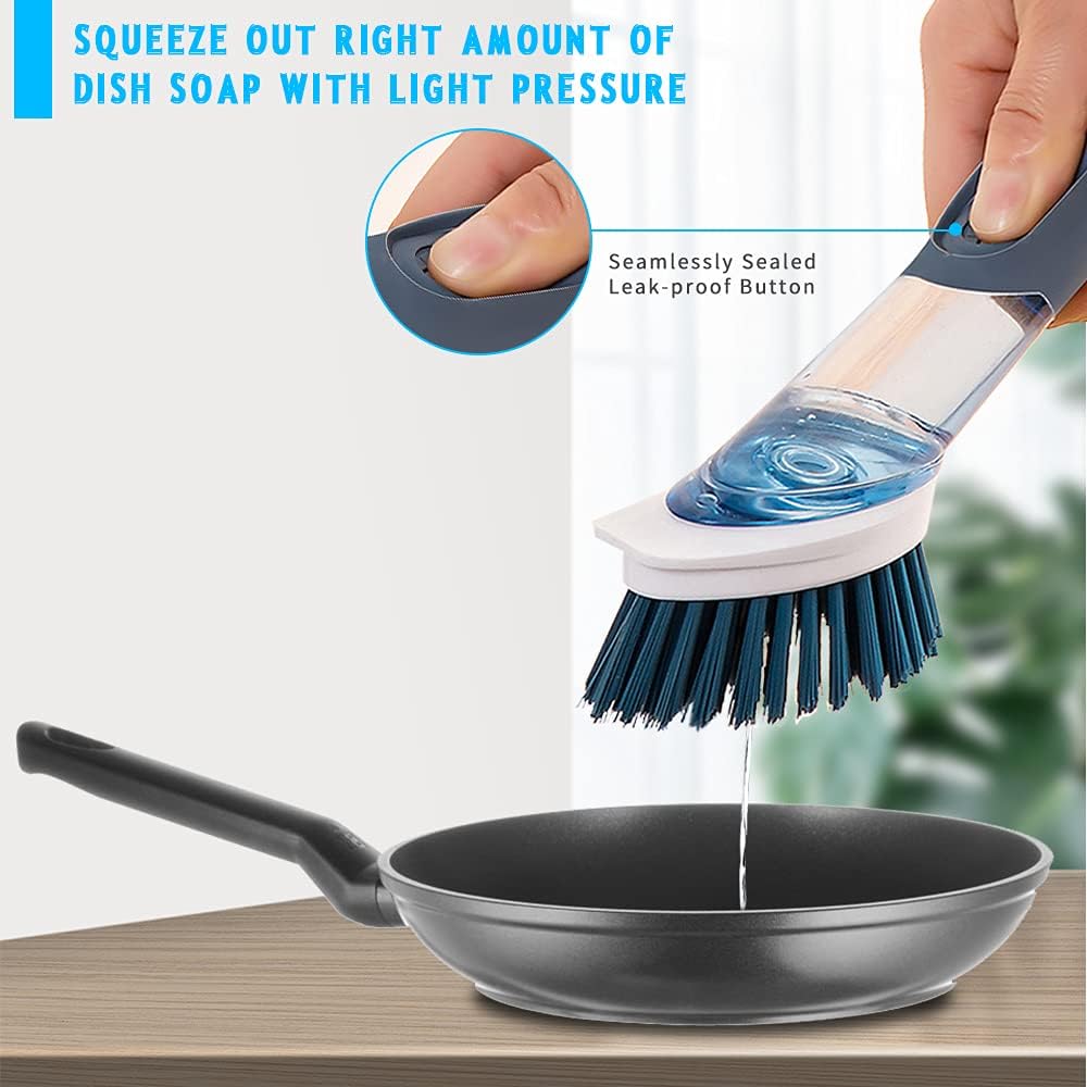 4-in-1 Dish Cleaning Brush Soap Dispensing Dish Brush Set with 4 Replacement Heads and Storage Holder, Kitchen Scrub Brush for Dish Pot Pan Sink Cleaning (Grey)