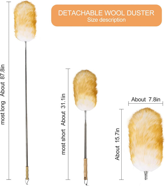 Extendable Lambswool Feather Duster 31-88 Inch, Anti-Static Wool Duster for Cleaning with Stainless Steel Pole - Ideal for High Ceilings, Fans, Interior & Roof (Yellow & White)