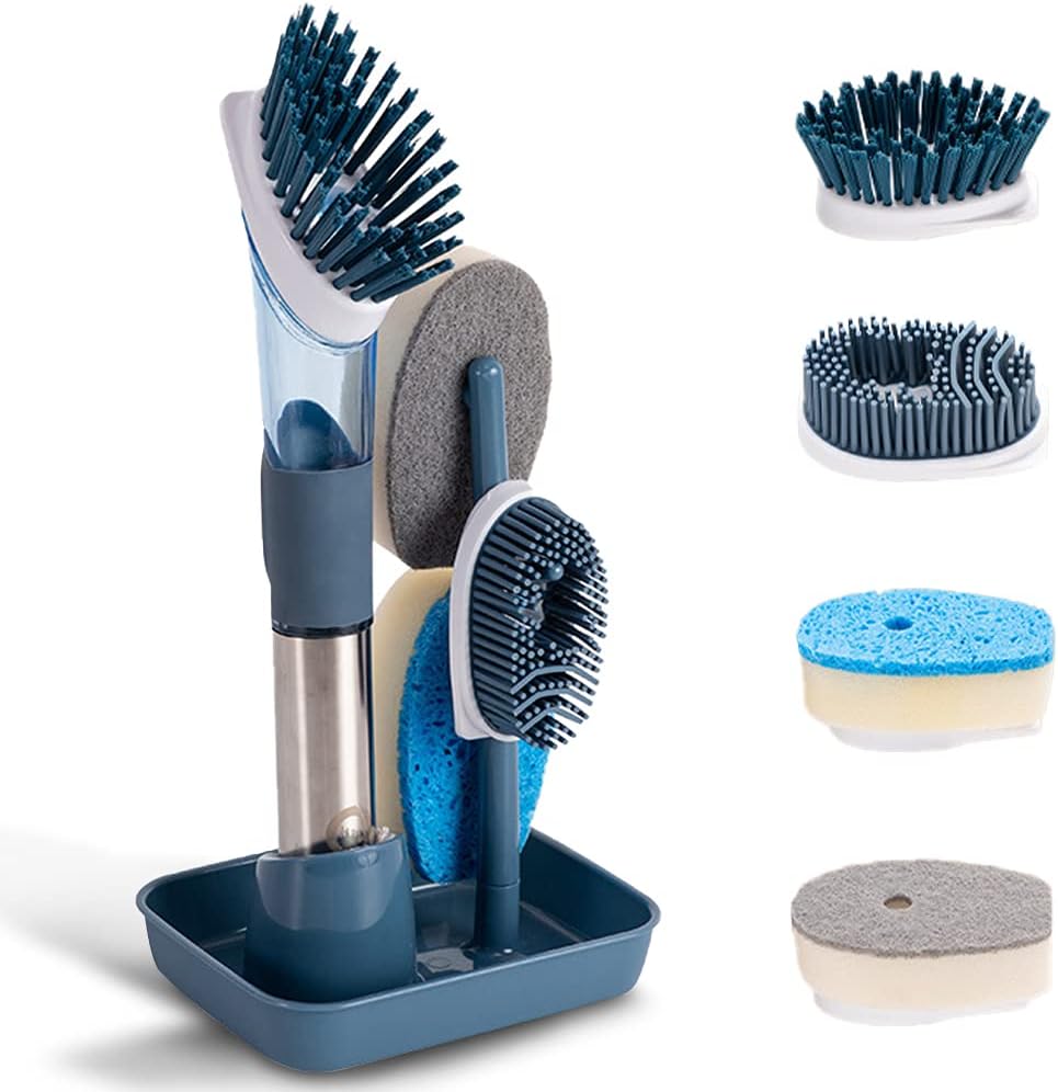 4-in-1 Dish Cleaning Brush Soap Dispensing Dish Brush Set with 4 Replacement Heads and Storage Holder, Kitchen Scrub Brush for Dish Pot Pan Sink Cleaning (Grey)