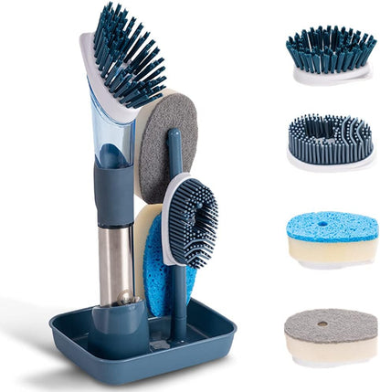 4-in-1 Dish Cleaning Brush Soap Dispensing Dish Brush Set with 4 Replacement Heads and Storage Holder, Kitchen Scrub Brush for Dish Pot Pan Sink Cleaning (Grey)