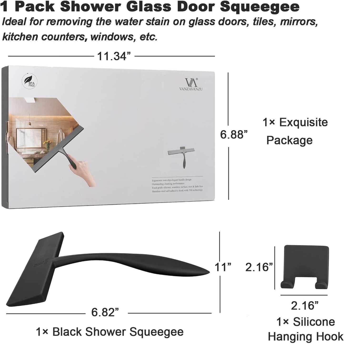 Shower Squeegee for Glass Doors, 11-Inch Silicone Squeegee with Non-Slip Handle and Adhesive Hook for Bathroom, Mirror, Tile, Car Window (White)
