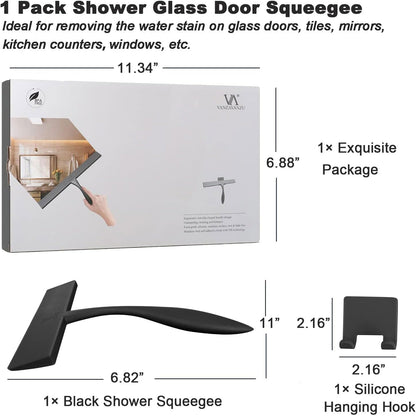 Shower Squeegee for Glass Doors, 11-Inch Silicone Squeegee with Non-Slip Handle and Adhesive Hook for Bathroom, Mirror, Tile, Car Window (White)