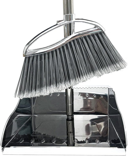 Indoor Broom and Dustpan Comb Set,Heavy Duty Stainless Steel Metal Dust Pan with Long Handle Sweeping Soft Bristles Broom for Floor Home Lobby Office