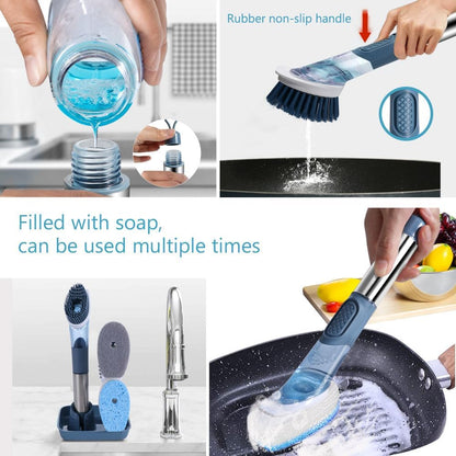 Soap Dispensing Dish Brush Set with Holder - 3 Replaceable Heads (Sponge, Scrubber, Brush) - Long Handle Kitchen Cleaning Brush for Pots, Pans, Sink & Dishes - Non-Slip Grip (Blue)