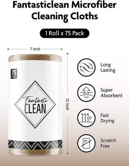 Fantasticlean Microfiber Cleaning Cloth Roll -75 Pack, Tear Away Microfiber Towels, 12" x 12", Reusable, Washable, Scratch Free, Ultra Absorbent Dishcloth for All-Around Cleaning Supplies (White)