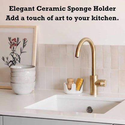 Ceramic Double Sponge Holder with Soap Tray, 2-Slot Countertop Sink Organizer, Modern White Kitchen Sponge & Dish Soap Holder, Rust-Free, Easy to Clean, Decorative Sink Caddy Set