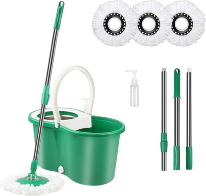 Spin Mop and Bucket with Wringer Set,for Floor Cleaning,with Floor Scrub Brush,61" Adjustable Handle and 6 Microfiber Mop Head(White)