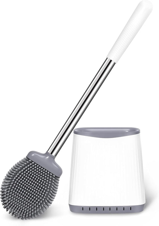 Toilet Brush, Silicone Toilet Brush and Holder Set, Flexible Toilet Bowl Brush Head with Ventilated Holder, Wall Mounted Compact Toilet Scrubber Set for Bathroom Cleaning (1, White)