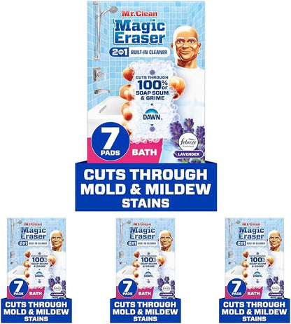 Mr. Clean Magic Eraser Sponge, Bathroom Cleaner, Shower Cleaner, Tub Cleaner, Soap Scum Remover, Bathroom Cleaning Supplies, Dawn Cleaning Power with Febreze Lavender Scent, 5ct