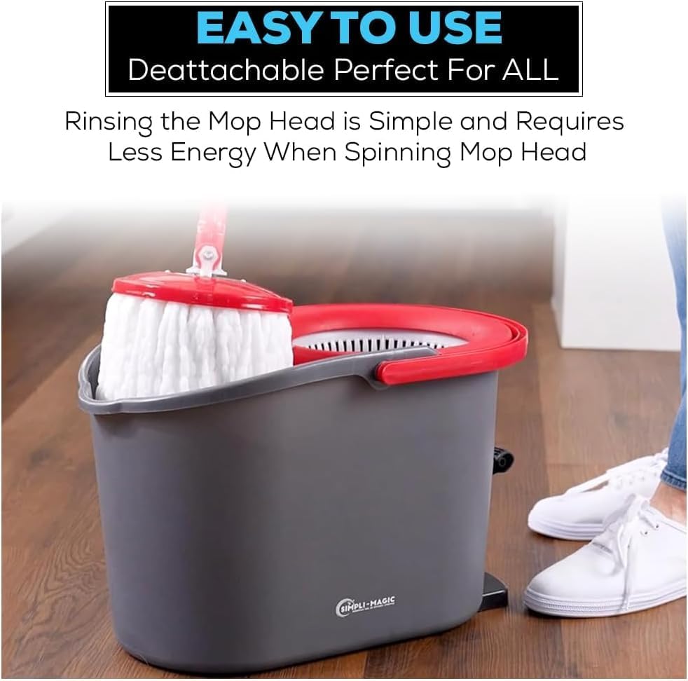 Simpli-Magic 79349 Spin Mop Cleaning System with 3 Microfiber Mop Heads, Red/GRAY,Red/Black