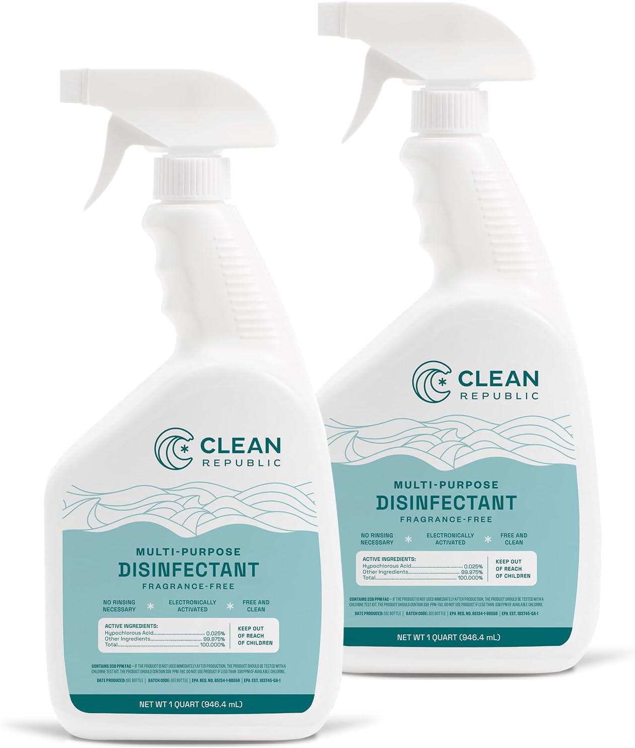 Clean Republic Multi-Purpose Disinfectant, Hypochlorous Acid Cleaning Spray, 32 Fluid Ounce Bottle, 2-Pack