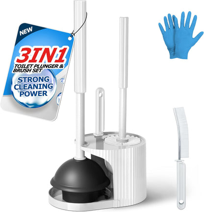 FORASTO 3 in 1 Toilet Brush and Plunger Set,Toilet Bowl Brush Plunger Set,Toilet Brush Plunger Combo,Cleaning Brush,Cleaning Supplies, Crevice Cleaning Brush, Bathroom Cleaning Tools, White