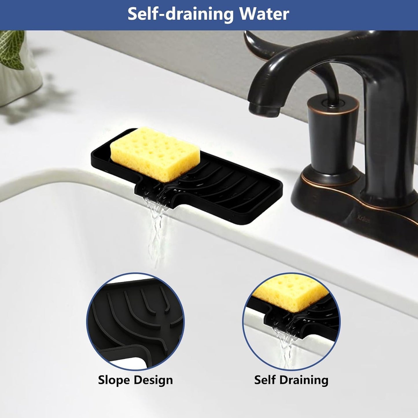 JACZZO Silicone Sponge Holder for Kitchen Sink With Drain Spout, Self Draining, Kitchen Soap Tray, Bathroom Organizer, Sink Caddy (Grey, 10×4)