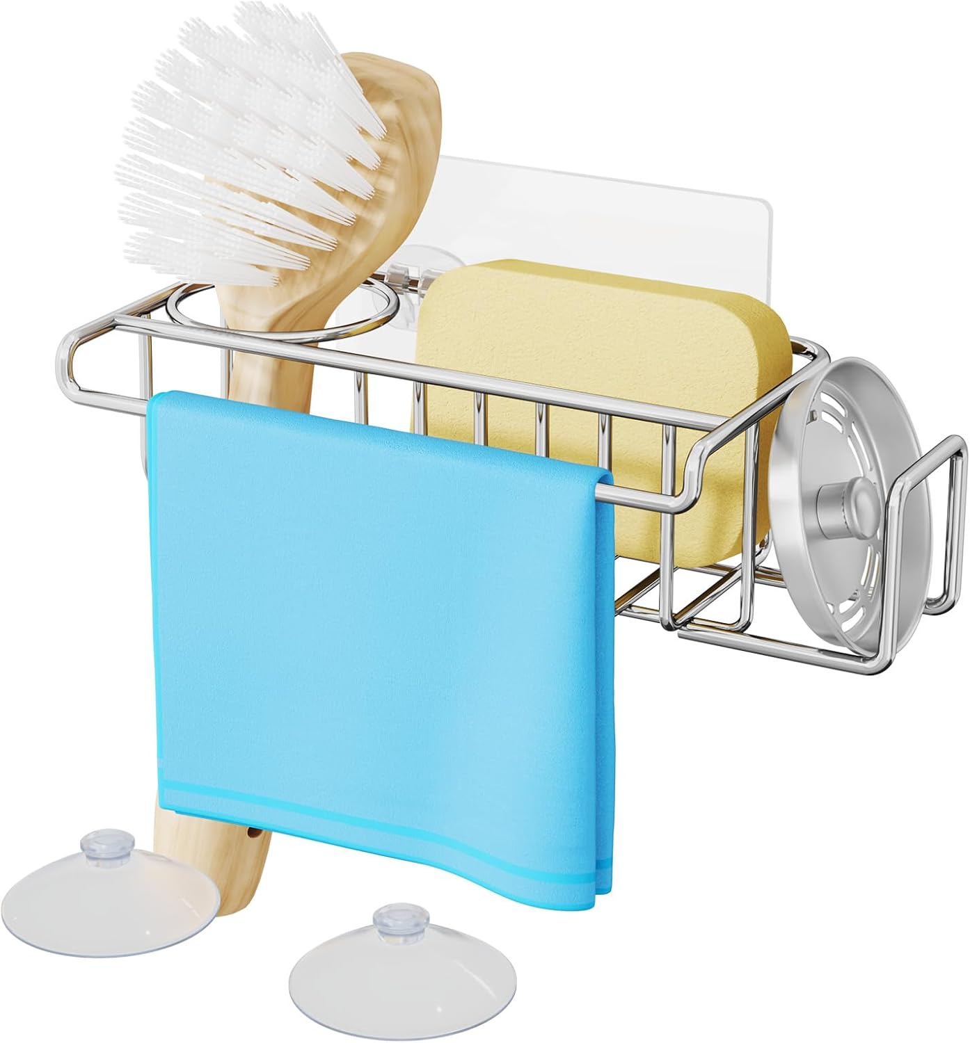 HapiRm 4 in 1 Kitchen Organizers and Storage, SUS304 Stainless Steel Brush Holder + Dish Cloth Hanger + Soap Rack + Sink Stopper Rack, No Drill Kitchen Essentials - Black