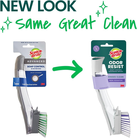 Scotch-Brite Odor Resist Soap Control Dishwand Brush, Non-Scratch Cleaning Brush with Scraper, Stands Upright, 4-Pack