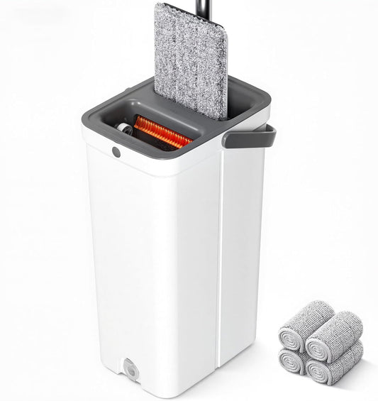 Mop and Bucket with Wringer Set, Hands-Free Flat Floor Mop and Bucket for Floor Cleaning, 60" Extra Long Stainless Steel Handle, 4 Washable Microfiber Pads, Mops for Wall, Hardwood, Tile