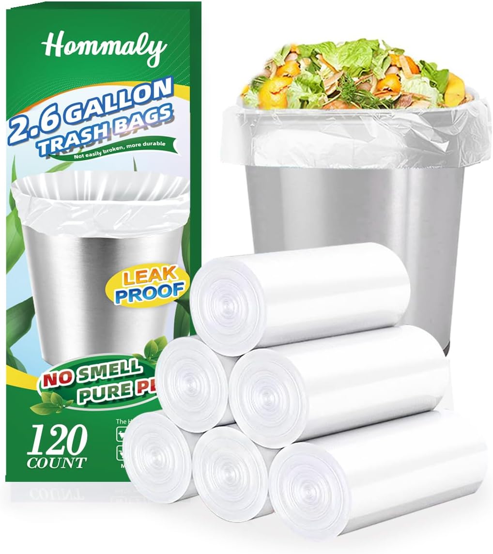 Hommaly 2 Gallon (1.8-2 Gal)120 pcs Small Clear Trash Bags, Strong 1.8 Gallon Garbage Bags, Bathroom Trash Can Bin Liners Unscented, Mini Plastic Bags for Office, Waste Basket Liner,Fit 6,7,8 Liters