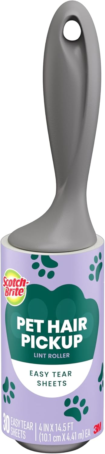 Scotch-Brite Pet Hair Pickup Lint Roller, Designed for Removing Fur + Fluff on Couches, Clothes, Dog and Cat Beds, & More, 1 Pack, 30 Easy-Tear Adhesive Sheets Total