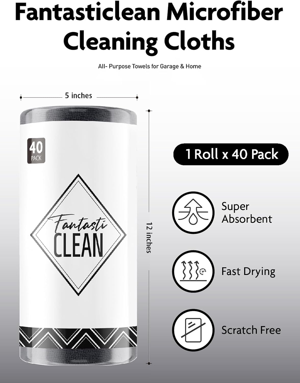 Fantasticlean Microfiber Cleaning Cloth Roll -40 Pack, Tear Away Microfiber Towels, 12" x 12", Reusable, Washable, Scratch Free, Ultra Absorbent Dishcloth for All-Around Cleaning Supplies (White)