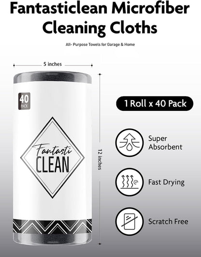 Fantasticlean Microfiber Cleaning Cloth Roll -40 Pack, Tear Away Microfiber Towels, 12" x 12", Reusable, Washable, Scratch Free, Ultra Absorbent Dishcloth for All-Around Cleaning Supplies (White)